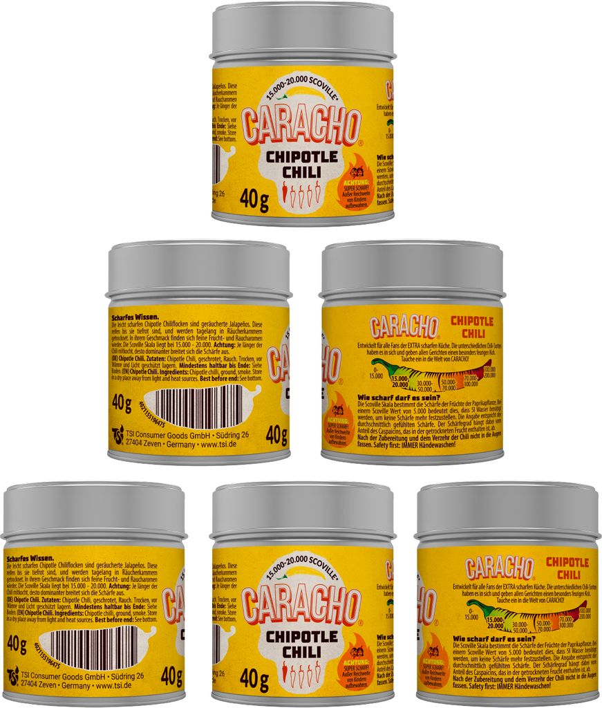 CARACHO 5er Pack x 40g Chili Chipotle Chiliflocken geschrotet - Premium 100% Scharfes Chillipulver in Metal Gewürz Dose/Scoville: 15.000-20.000 / ...