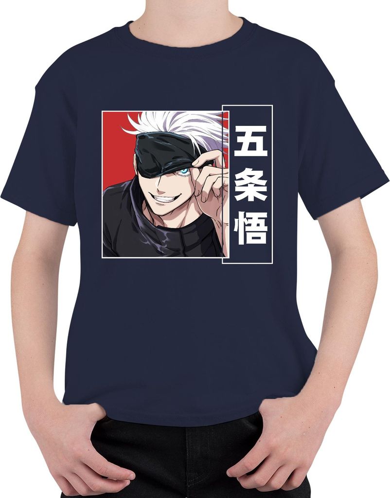 Jujutsu Kaisen Gojo Satoru 五条悟 Anime Ästhetik Augenbinde weißes Haar Uni Kinder T-Shirt, Navy, 104