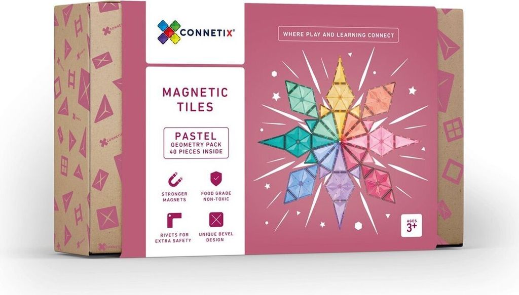 The image shows the packaging of Connetix magnetic tiles.