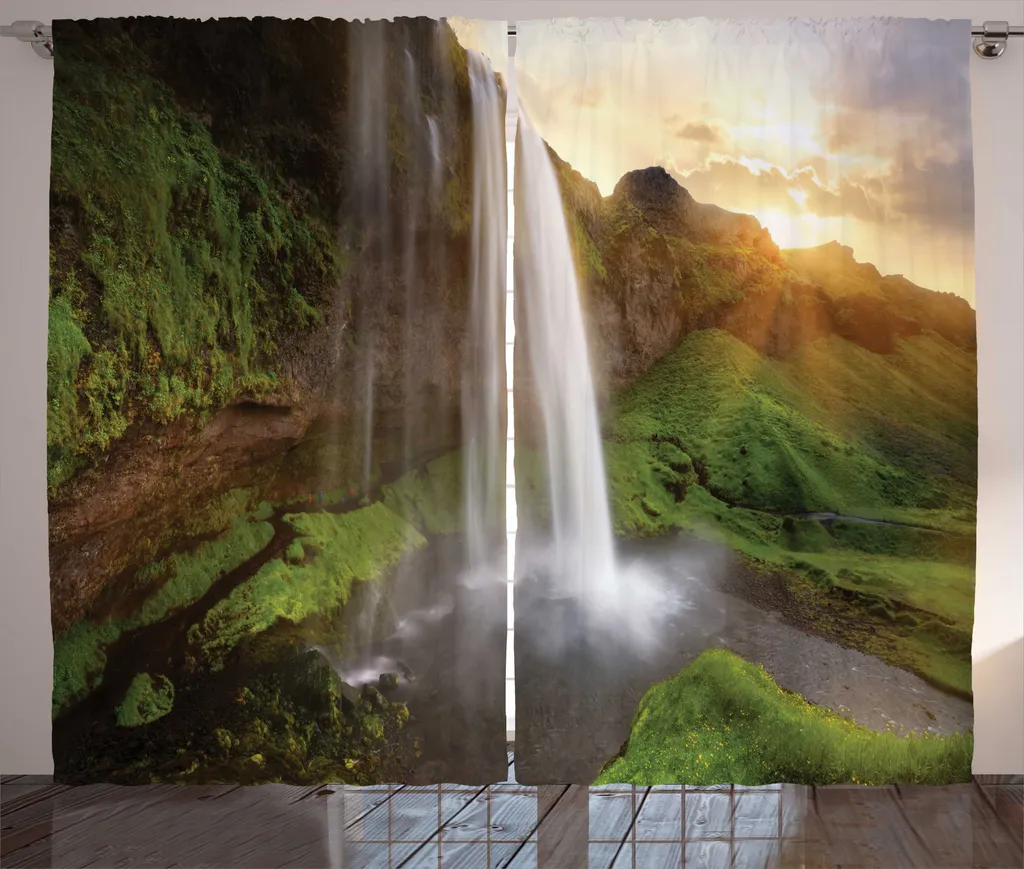 ABAKUHAUS Rideau Islande Chute d'Eau Seljalandsfoss 280x225cm Vert Olive
