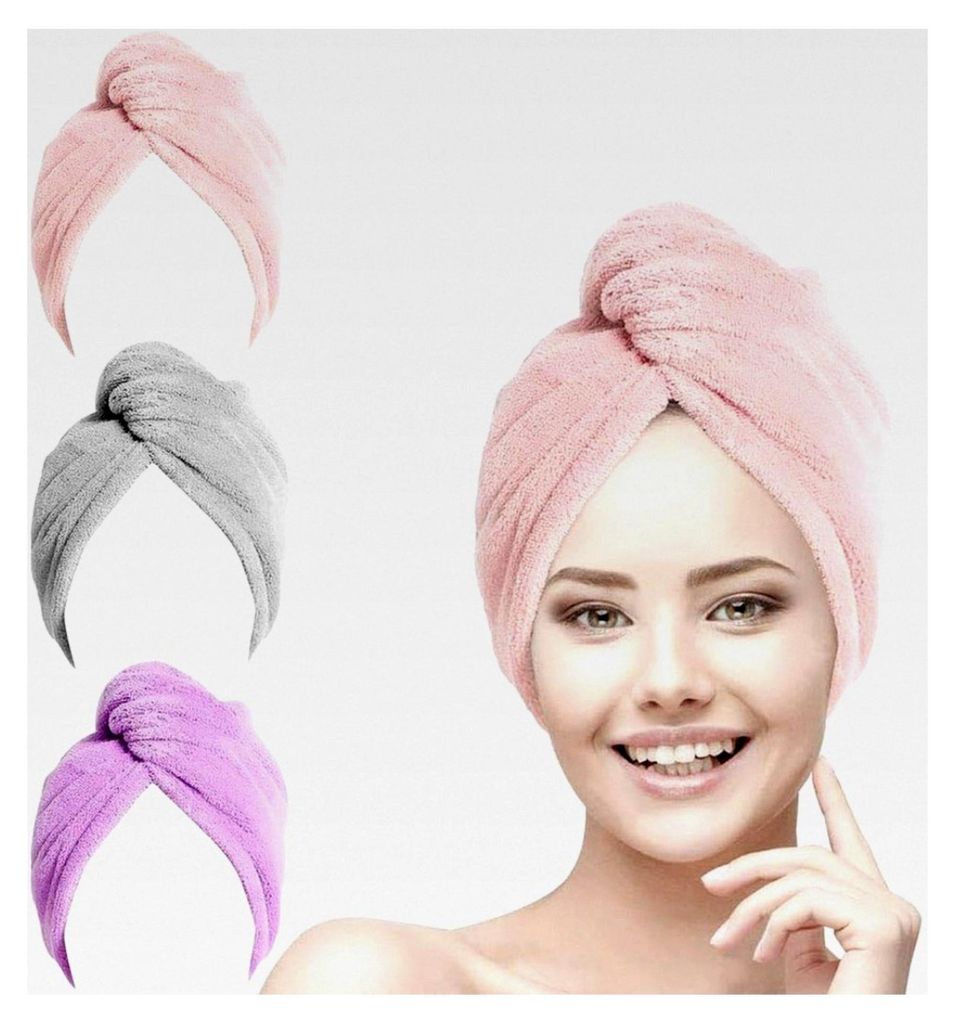 Haarturban, 3 Stück Turban-Handtuch mit Knopf, Mikrofaser-Haartuch für lange Haare, schnelltrocknendes Kopfhandtuch in Pink/Grau/Lila