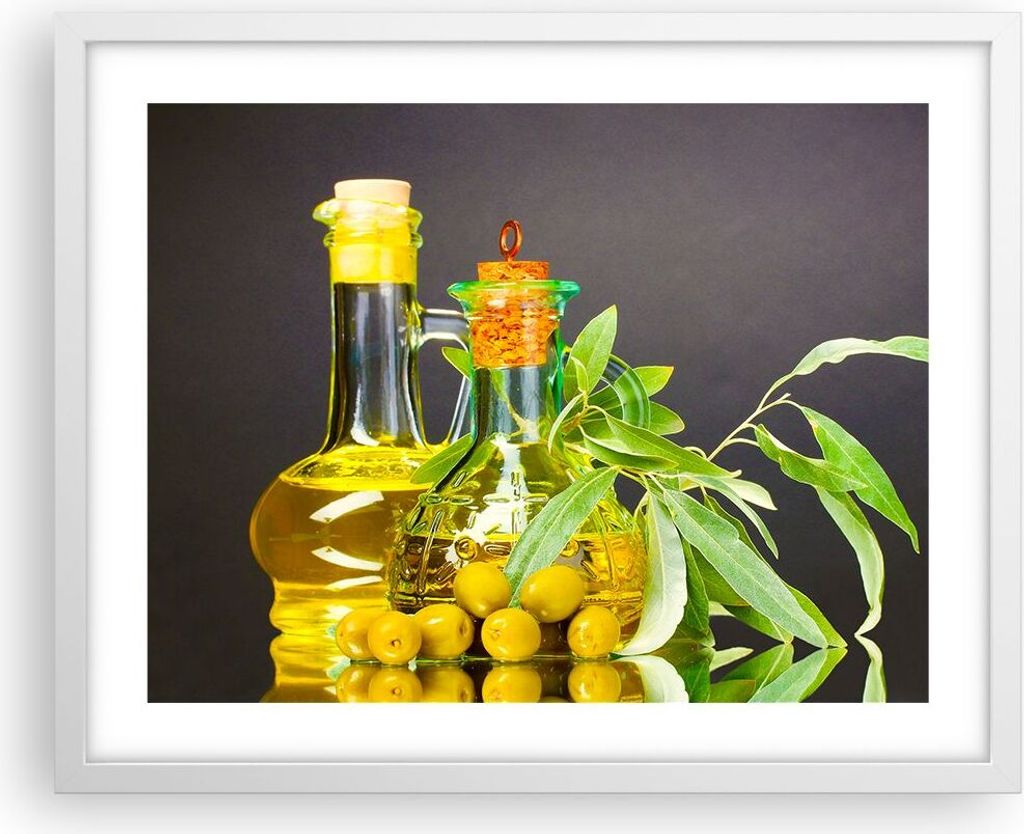 Gerahmtes Poster - Weißer Rahmen - Flasche Glas Olive Öl - 50x40 cm - Wand Bild - Wanddeko - Wandbilder - Kunstposter - Wandposter - Bilderrahmen...