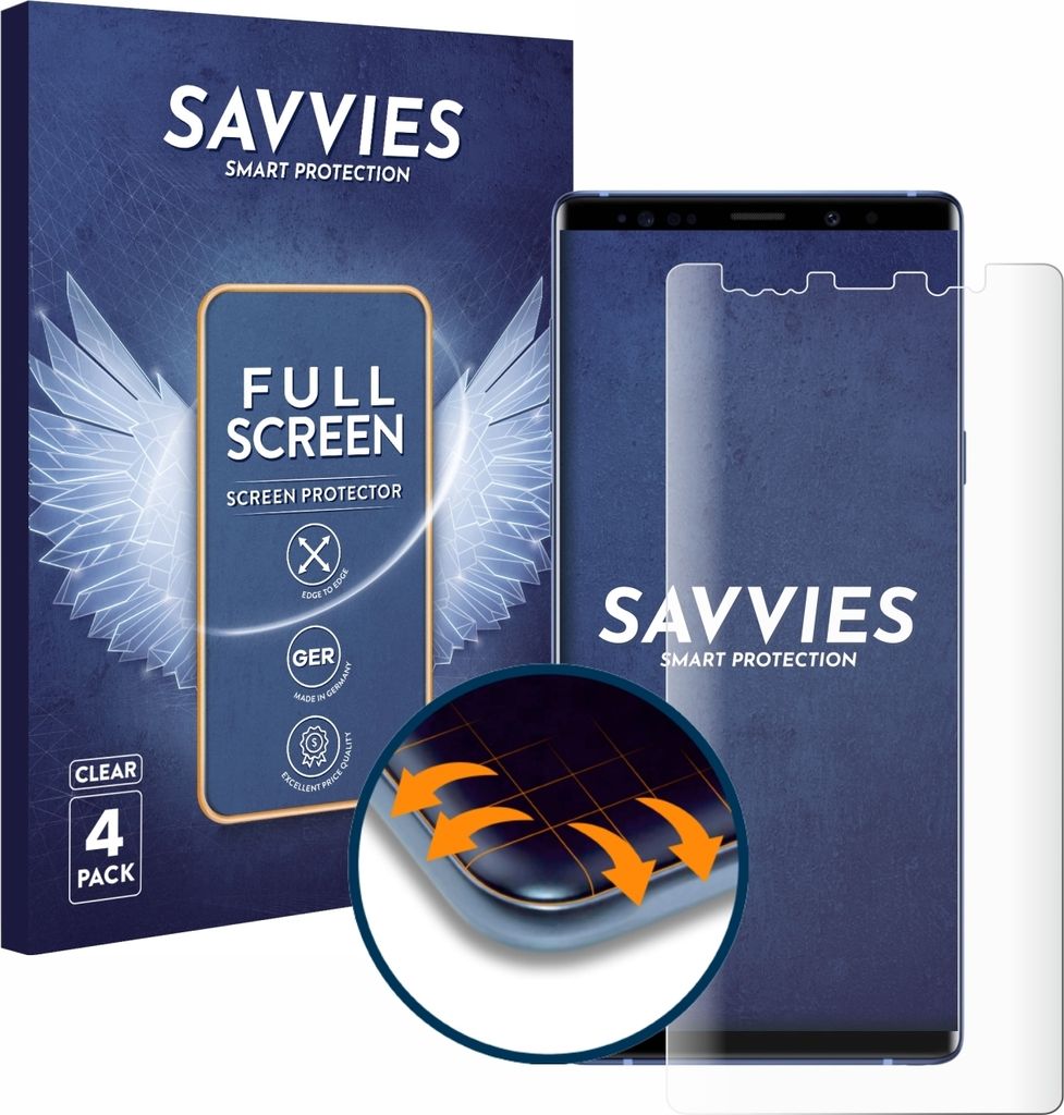 4x Savvies Fullscreen Schutzfolie für Samsung Galaxy Note 9 Displayschutz Folie Fullcover Klar Transparent