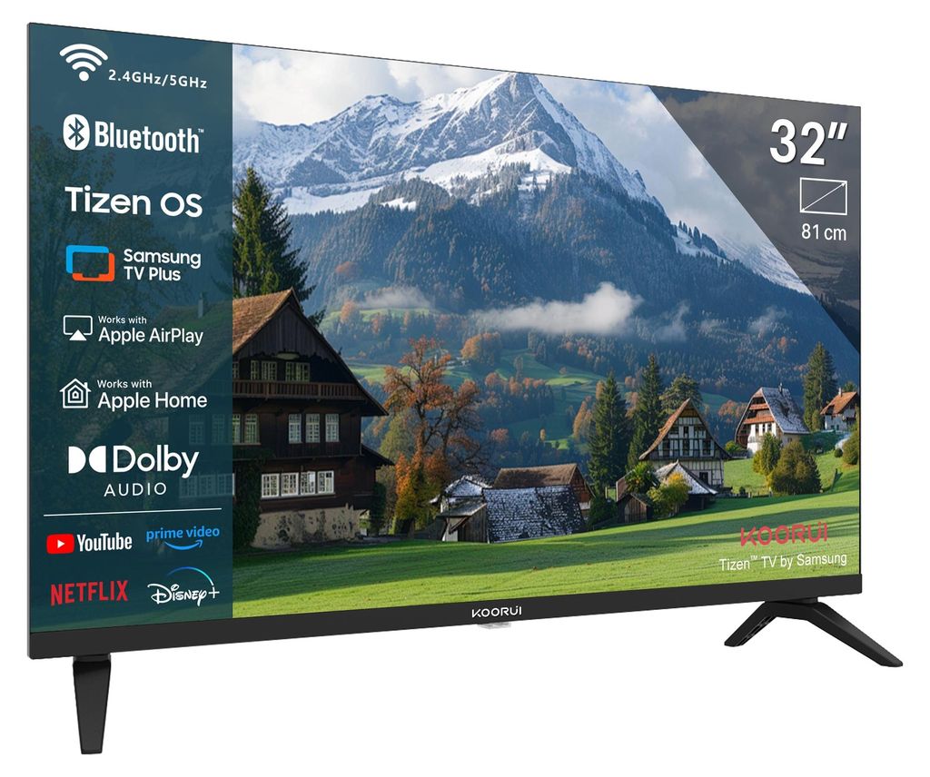 Koorui Smart TV - Tizen TV by Samsung - QLED Full HD - 32 Zoll/81 cm - Streaming-Apps - AirPlay - Hotelmodus - HDMI x3, USB x2, CI+ - Tripple Tuner...