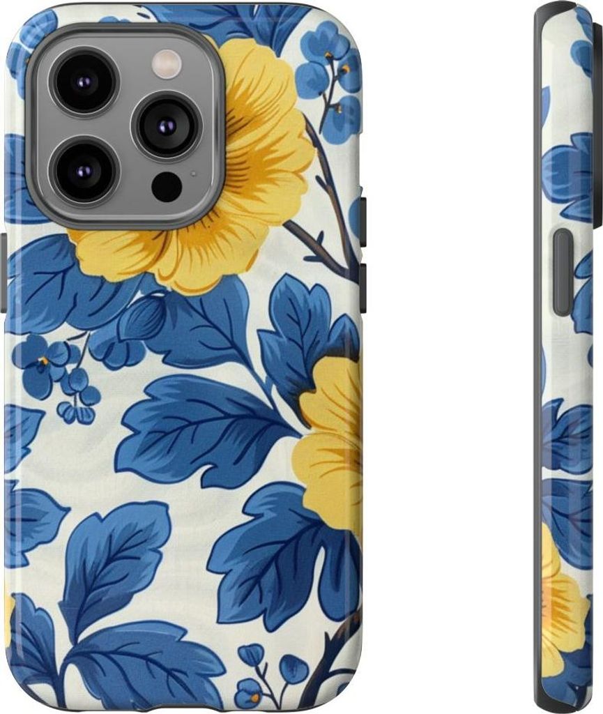 Blau-gelbes Blumenmuster – Hülle Kompatibel mit iPhone 14 Pro