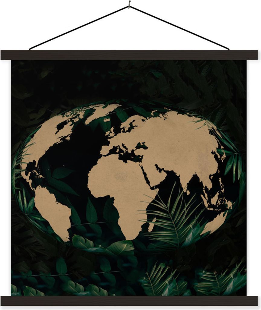 MuchoWow Textilposter Weltkarte - Globus - Tropische Pflanzen 120x120 cm mit schwarzem Rahmen - Aufhängungsset