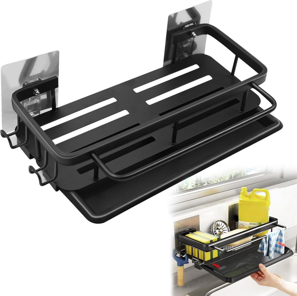 Spülbecken Organizer Hängend Schwarz Küchen Spülbecken Organizer Aluminium Kein Bohren mit Handtuchhalter und Haken Sink Organizer für Toilett...