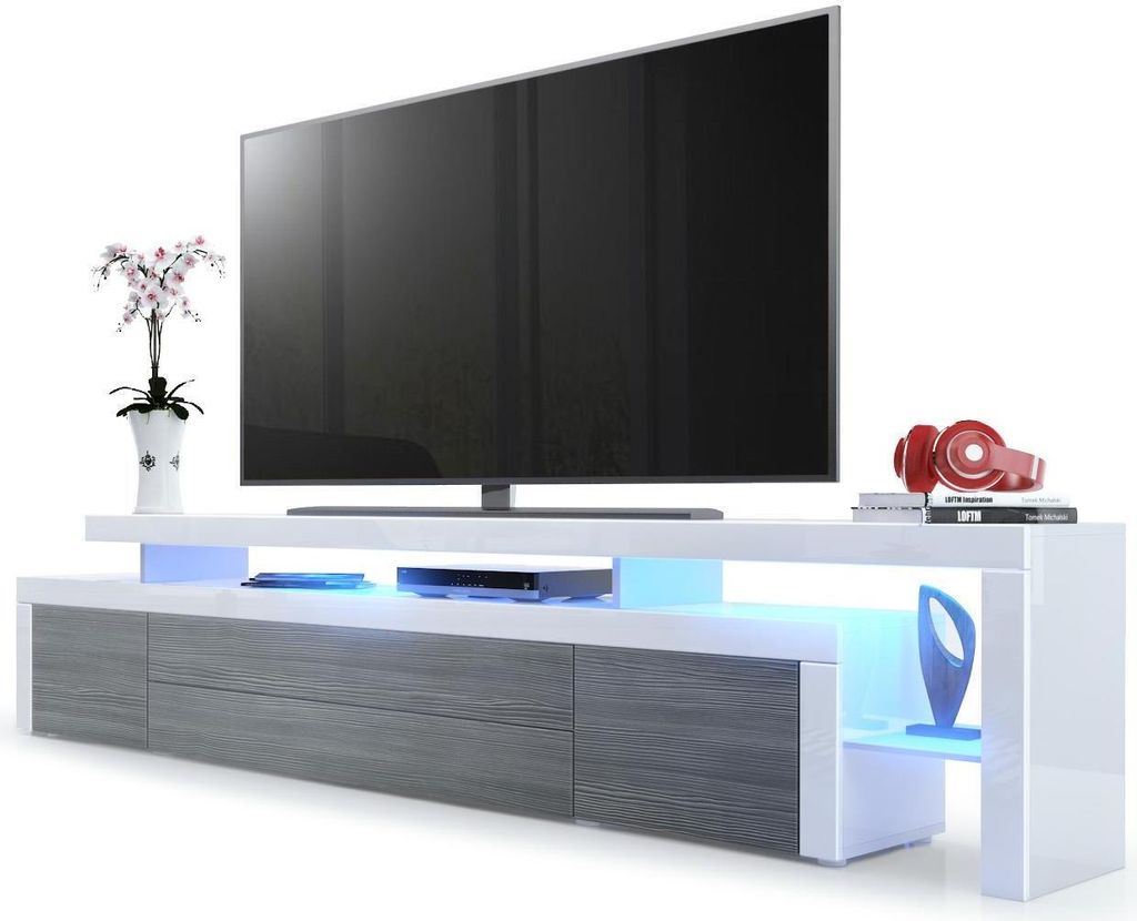 Vladon TV Board Lowboard Leon V3, Germany, Korpus und Überbau in Weiß Hochglanz / Front in Avola-Anthrazit mit Rahmen in Weiß Hochglanz inkl. LE...