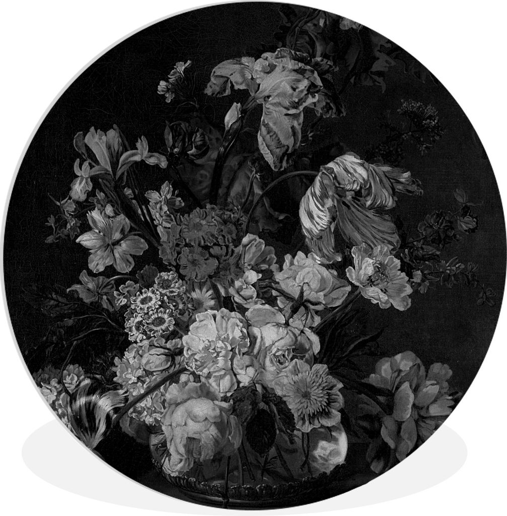 MuchoWow Rundes Wandbild - Runde Bilder Stilleben mit Blumen - Gemälde von Cornelia van der Mijn - schwarz-weiß Ø 60 cm Kreis Wanddekoration K...