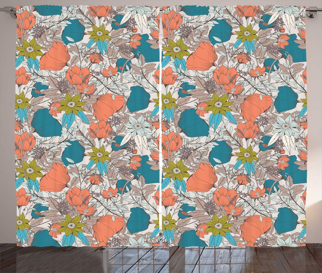 ABAKUHAUS Frühling Rustikaler Vorhang, Tulpen Mohn und Laub, Wohnzimmer Universalband Gardinen mit Schlaufen und Haken, 280 x 175 cm, Mehrfarbig