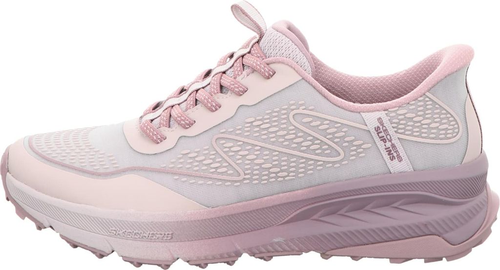 Side view of a pink Skechers slip-on sneaker.