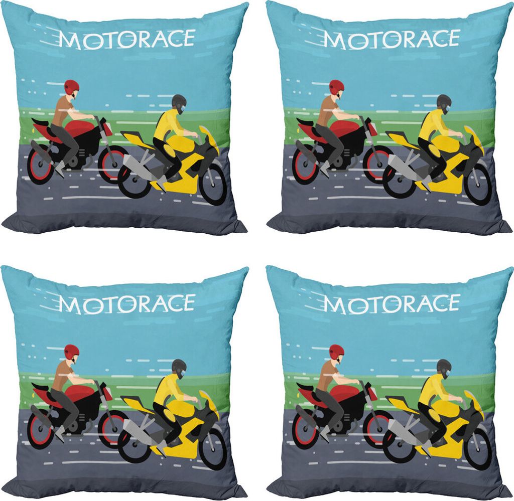 ABAKUHAUS Motorrad Kissenbezug Set (4 Stück), 2 Bikers Racing, Moderner Doppelseitiger Digitaldruck, 60 cm x 60 cm, Mehrfarbig
