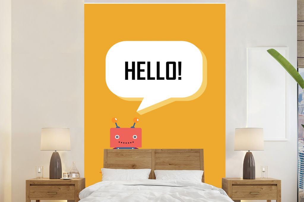 MuchoWow Fototapete für Wohnzimmer oder Schlafzimmer Wandtapete Vinyl Motivtapete Roboter mit einer Textwolke "Hallo!" vor einem orangefarbenen ...