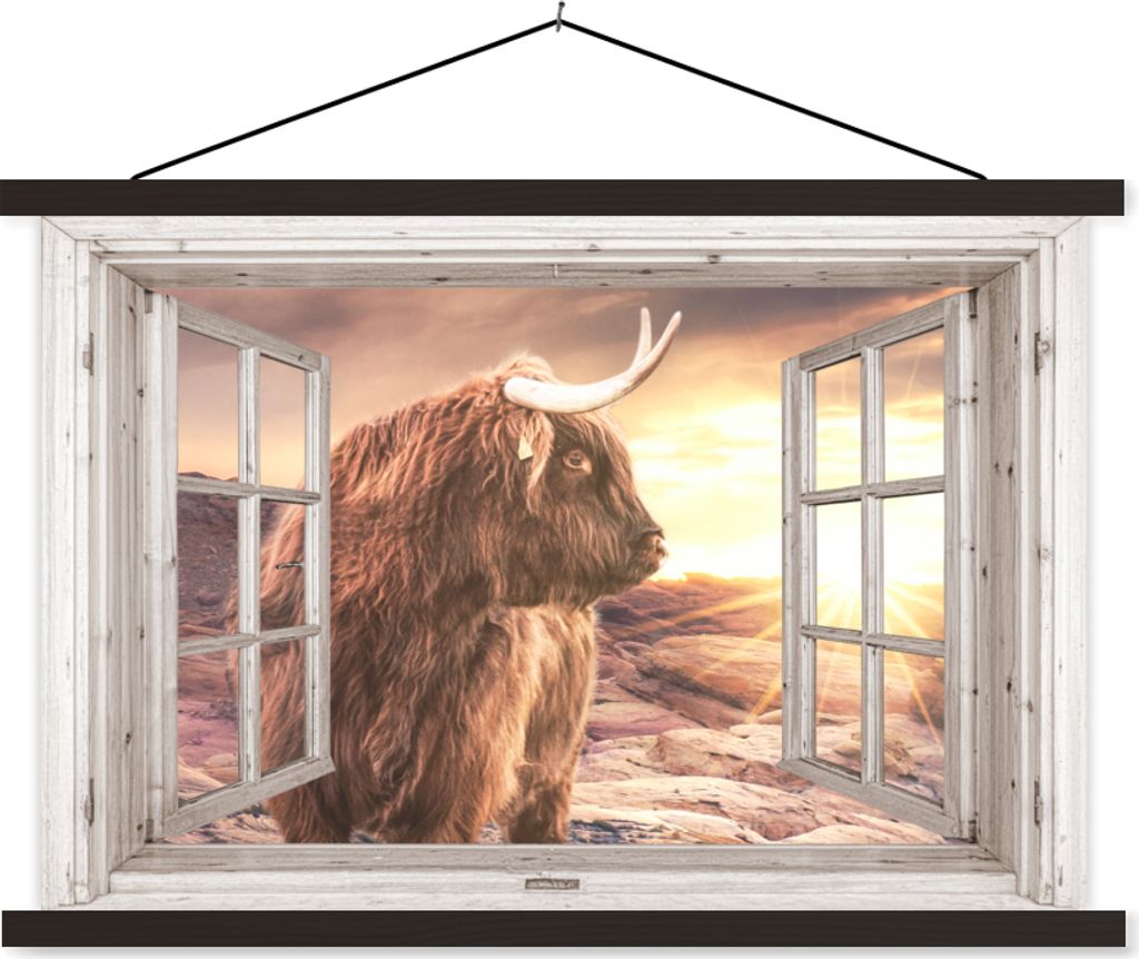 MuchoWow Textilposter Schottisches Hochlandrind - Aussicht - Sonnenuntergang 120x80 cm mit schwarzem Rahmen - Wanddeko