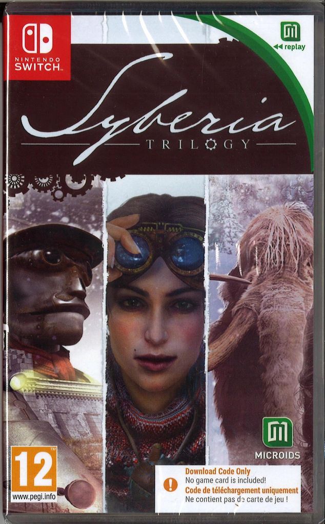 The image shows the front cover of a Nintendo Switch game case for the Syberia Trilogy. It features artwork of characters and a mammoth, along with game title and logos.