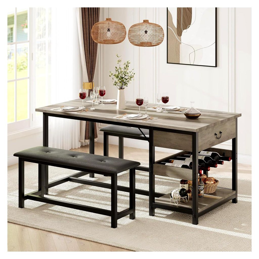 Essgruppe 3-teilig für 4 Personen, Esstisch mit 2 gepolsterten Stühlen, Thekentisch mit Ablagen und Weinregal, Bistrotisch Set mit Metallgestell ...