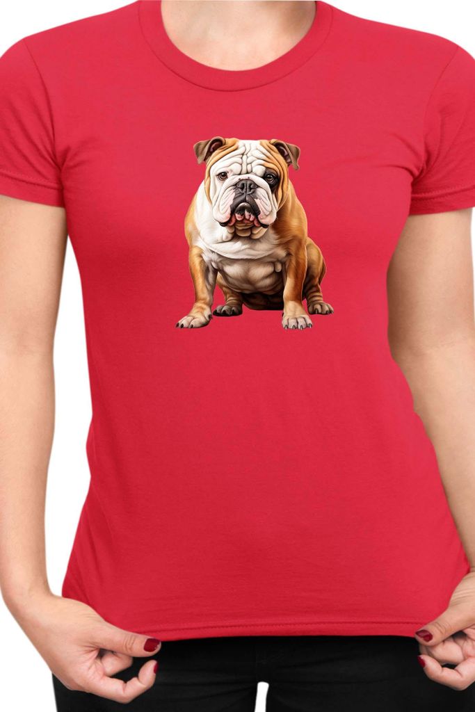 Damen T-Shirt Dogs Breeds English Bulldog Dog Breed 006, Lady M / Rot