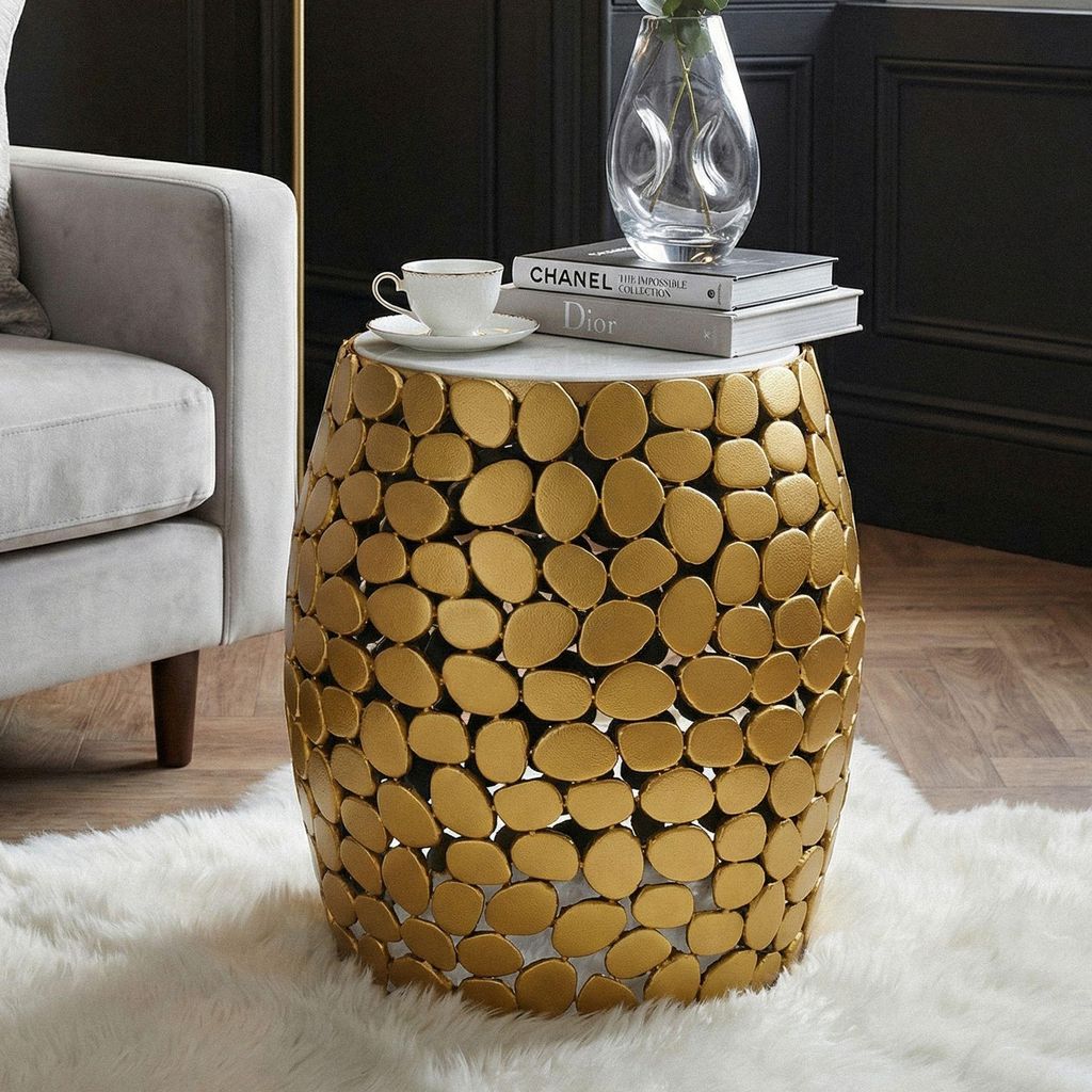 FineBuy Design Beistelltisch rund 40cm aus Aluminium gold & weißer Marmor Tischplatte – Couchtisch Alu – Metall Wohnzimmertisch Dekotisch Hand...