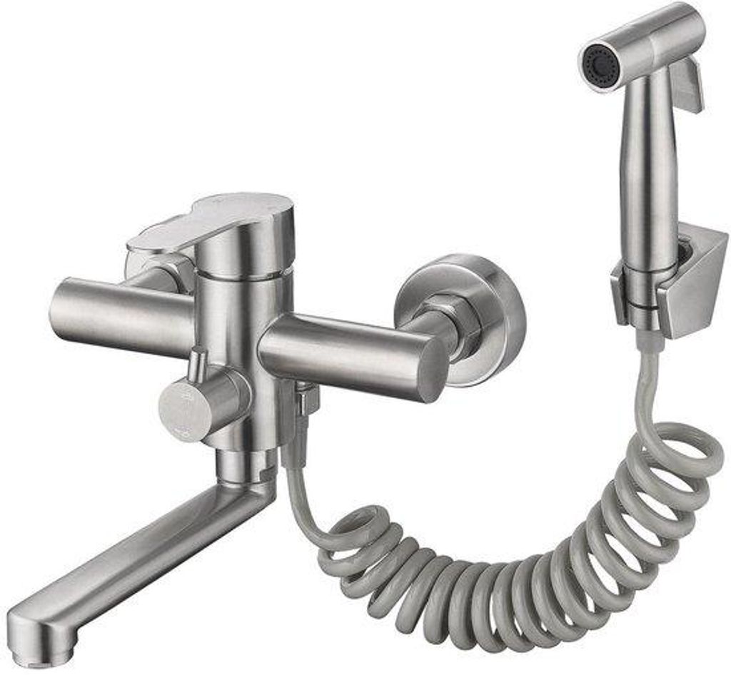 Küchenarmatur mit Sprühpistole und 2 Wasserstrahltypen, 360° drehbar, kurzer 18cm Edelstahlkörper, Küchenarmatur mit Spülbeckenfunktion