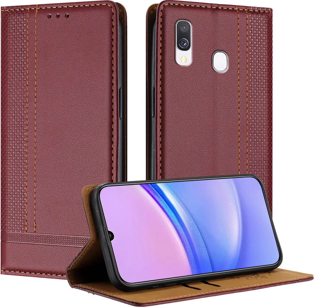 Cover Samsung A40 Rosso Scuro: Eleganza in Pelle e Stand Video