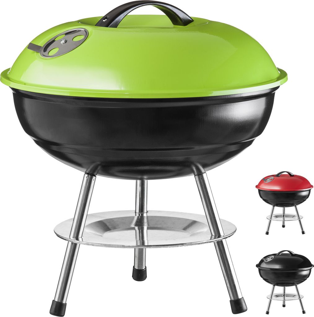 A green and black charcoal grill is shown in the center of the image, with smaller red and black grills shown in the bottom right corner.