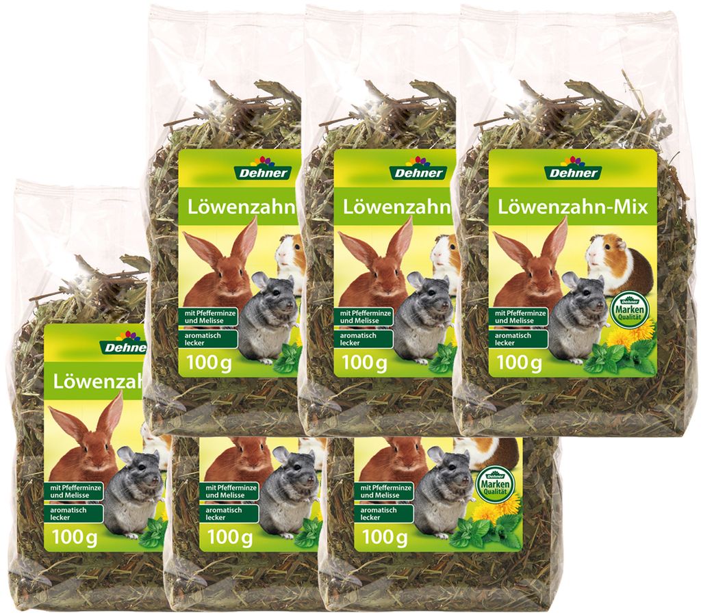 Dehner Nagersnack, Nagerfutter 100 % natürlich, für Kaninchen / Nagetiere, Löwenzahn mit Heu / Pfefferminze / Melisse, 6 x 100 g (600 g)
