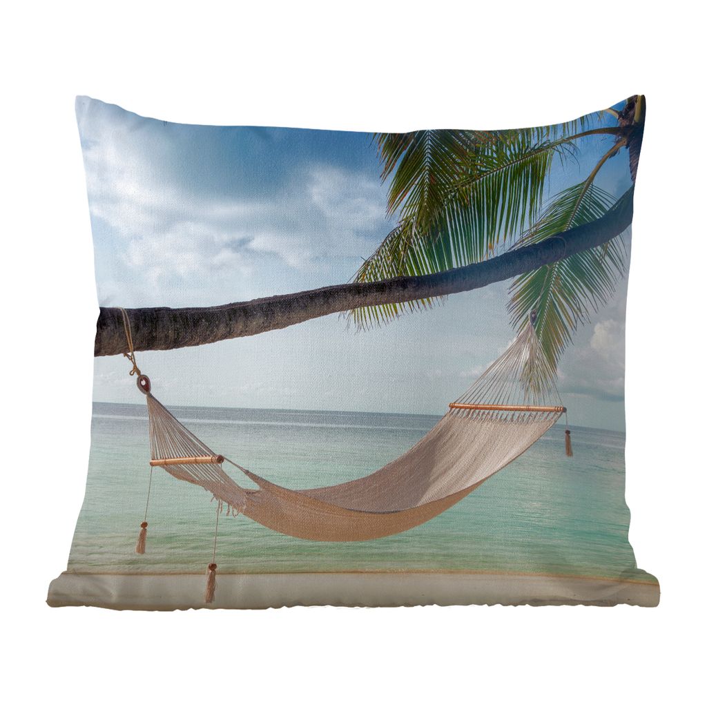 MuchoWow Zierkissen Sofakissen Wohnzimmer Dekokissen 40x40 cm Palme - Hängematte - Strand - Foto Kissen - Schlafzimmer Dekoration
