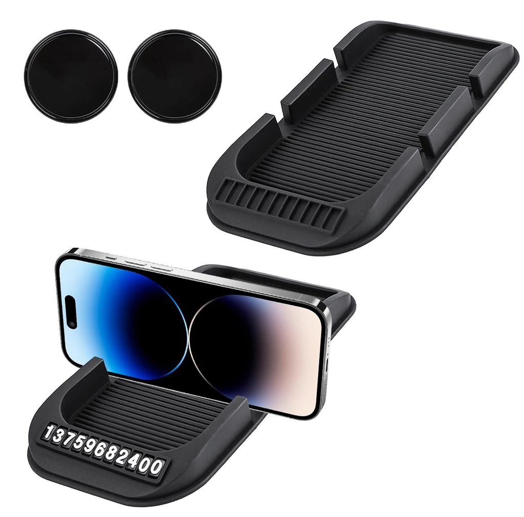 2-teilige rutschfeste Armaturenbrettmatte mit 2 kleinen runden Antirutschpads, Silikon-Handyhalterung mit Parkplatzmarkierung für Handy, Sonnenbri...