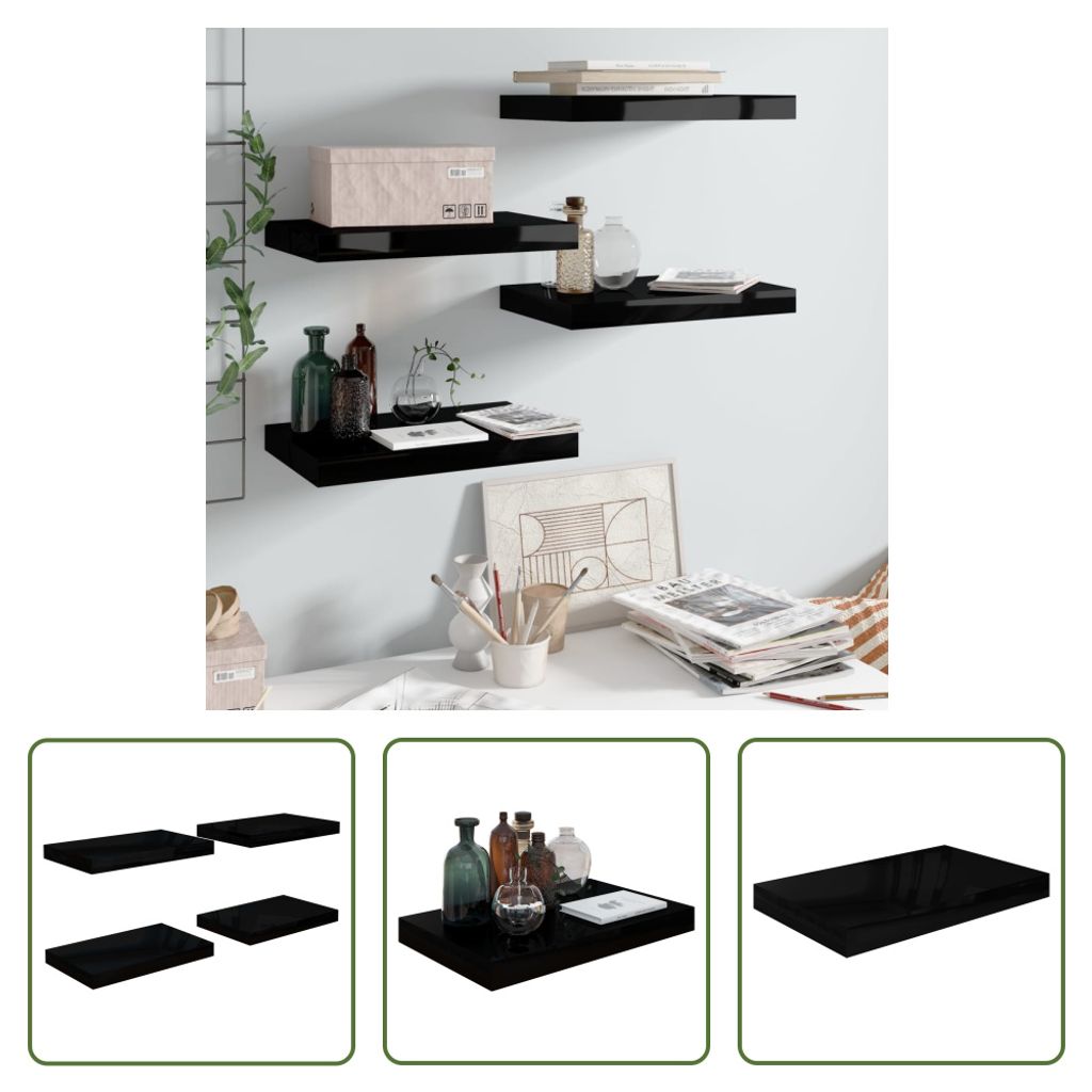 The Living Store Schweberegale 4 Stk. Hochglanz-Schwarz 40x23x3,8 cm MDF