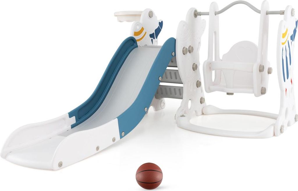 GOPLUS 4 in 1 Kinderrutsche mit Schaukel, Kinder Spielplatz mit glatter Rutsche, lustiger Schaukel, Klettergerüst, Basketballkorb und Ball, Blau