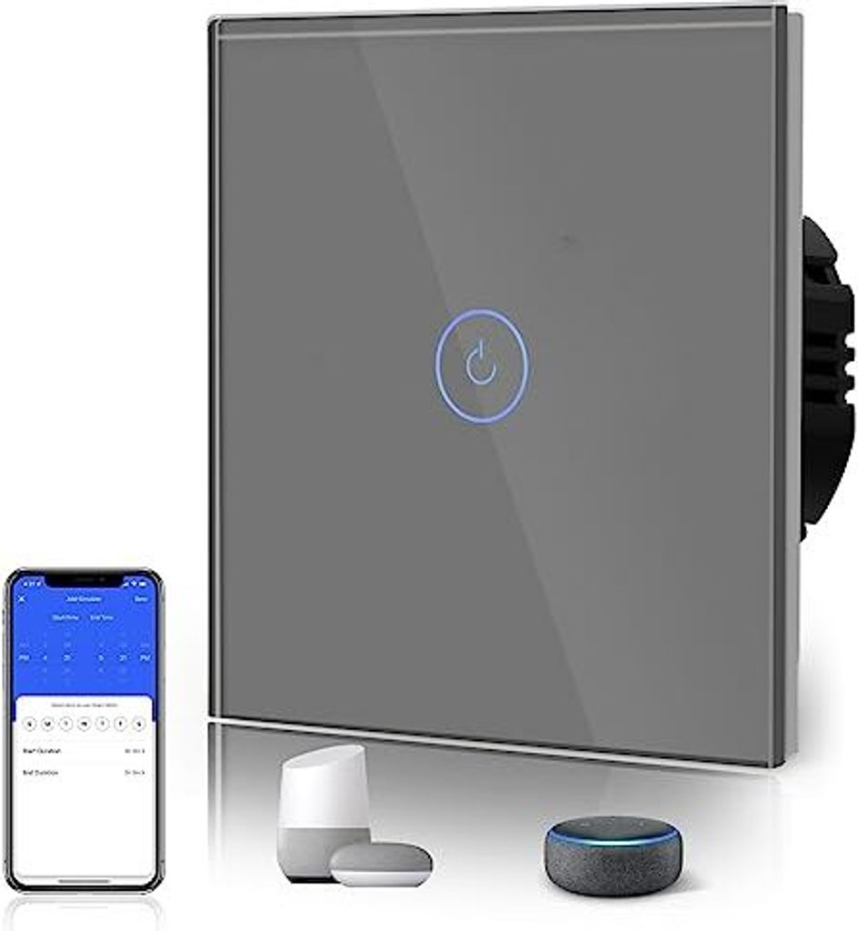 BSEED Smart Wi-Fi-Touchsensor-Lichtschalter, Kristallglasplattenwandschalter, Arbeiten Alexa Google Home über Tuya, Bürodekoration, 1-Gang, 1-Way,