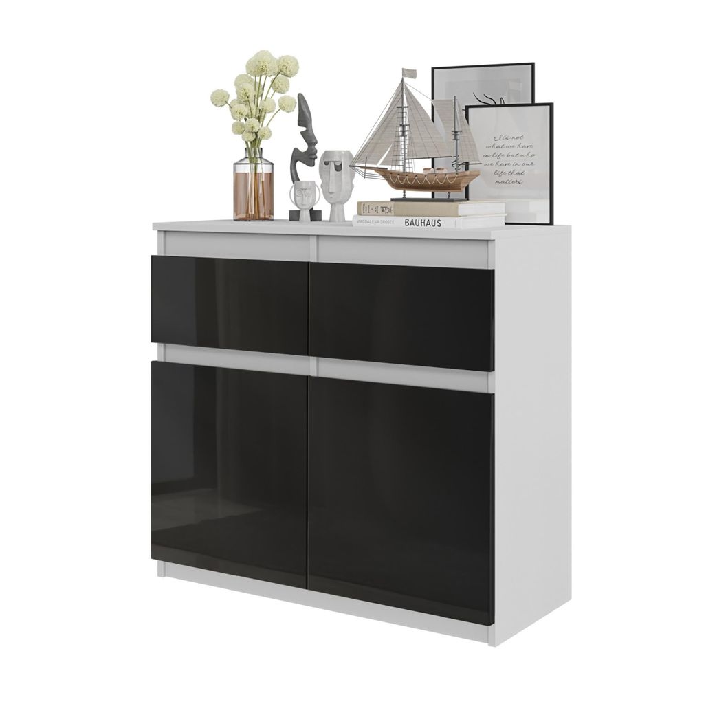 FURNICA - NOAH - Kommode / Sideboard mit 2 Schubladen und 2 Türen - Weiß Matt / Schwarz Gloss H75cm B80cm T35cm