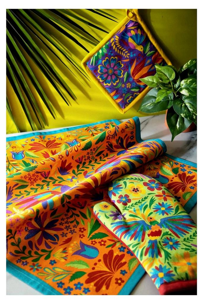 Geschirrtuch mit mexikanischen Blumen, 100 % Baumwolle, 70 x 50 cm, mit Schlaufe