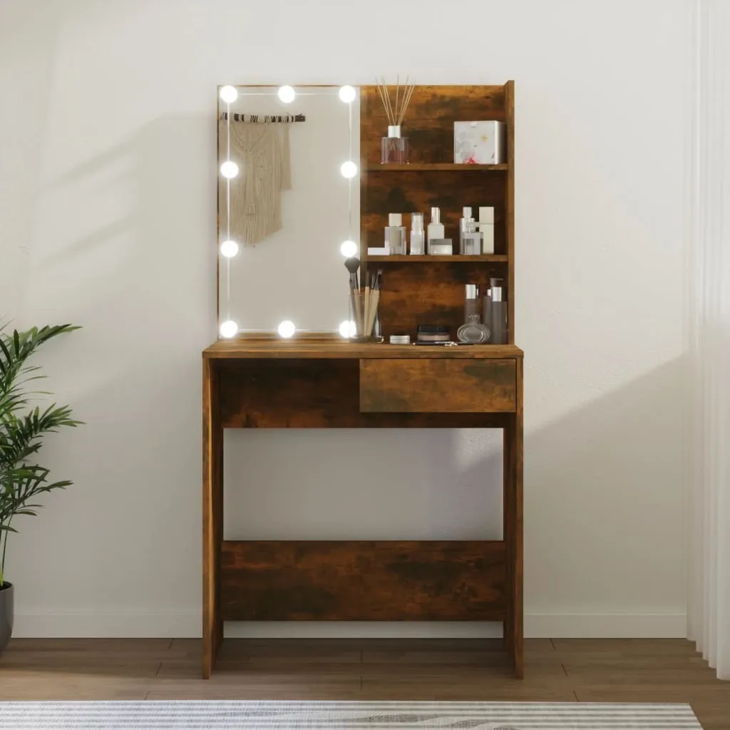 The Living Store Comodino con LED in rovere fumé 74,5x40x141 cm