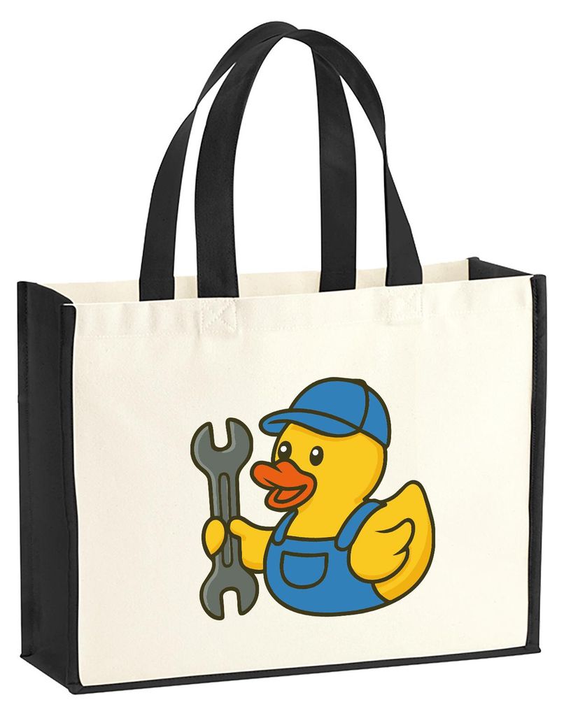 Huuraa Jutetasche Quietscheente Mechatronik Comic Gummiente 21 Liter Black Jute und Baumwolle Einkaufstasche Geschenkidee