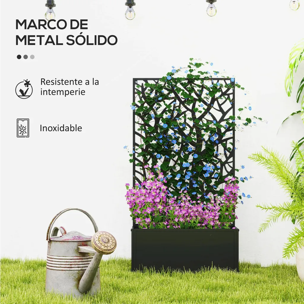 Treillis métallique noir avec bac à plantes - Clôture décorative