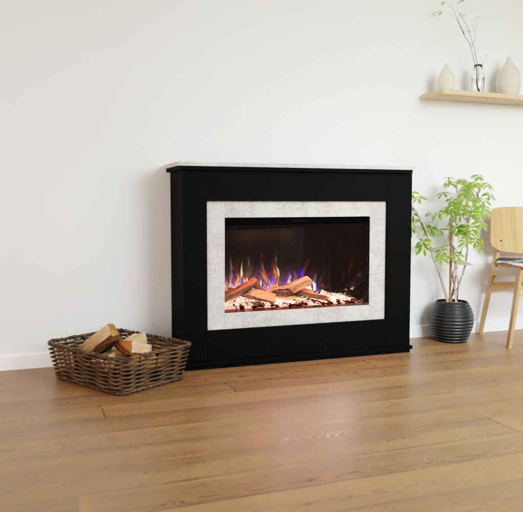 Glow Fire Elektrokamin 'PR6' | LED Standkamin in Schwarz (Beton) mit Heizung (1500 W) | HxBxT: 130x102x33 cm