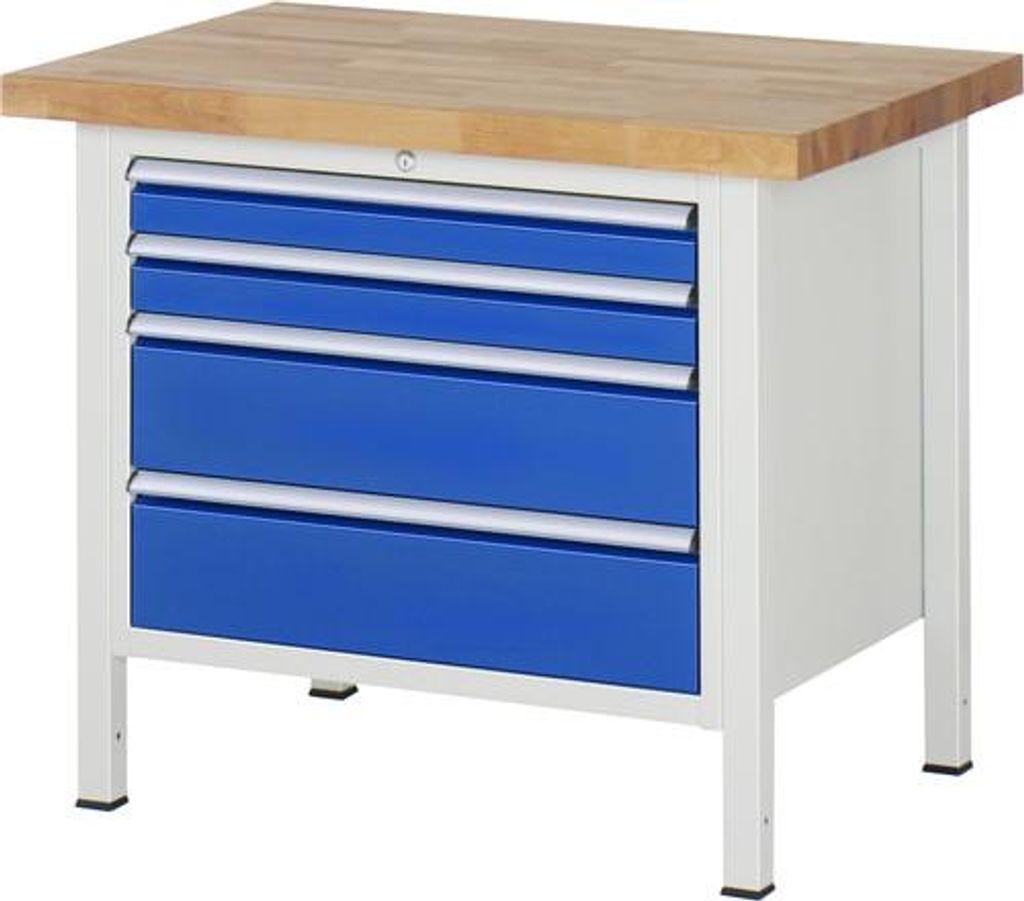 Werkbank mit 4 XL Schubladen - Vollauszug - 90:2 / 180:2 - höhenverstellbar 840-1.040 mm - 1.000 x 700 mm (BxT) - Traglast 1.250 kg - Buche