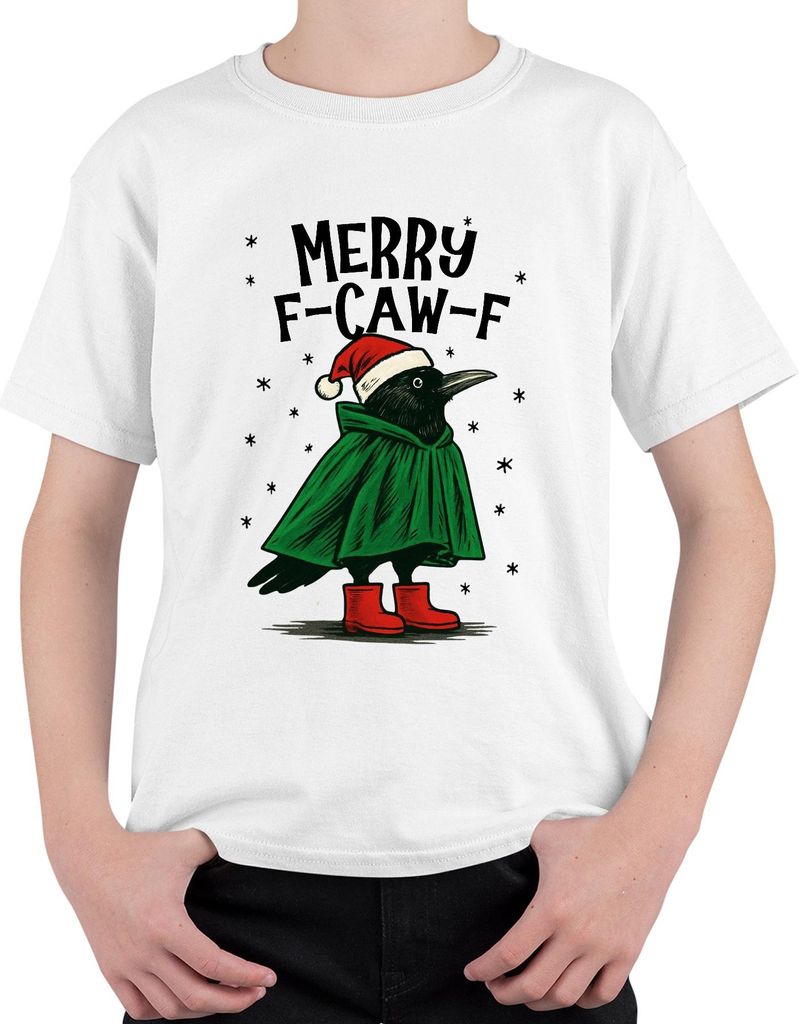 Merry F Caw F Krähe Weihnachten lustig Santa Hut Retro Uni Kinder T-Shirt, Weiß, 152