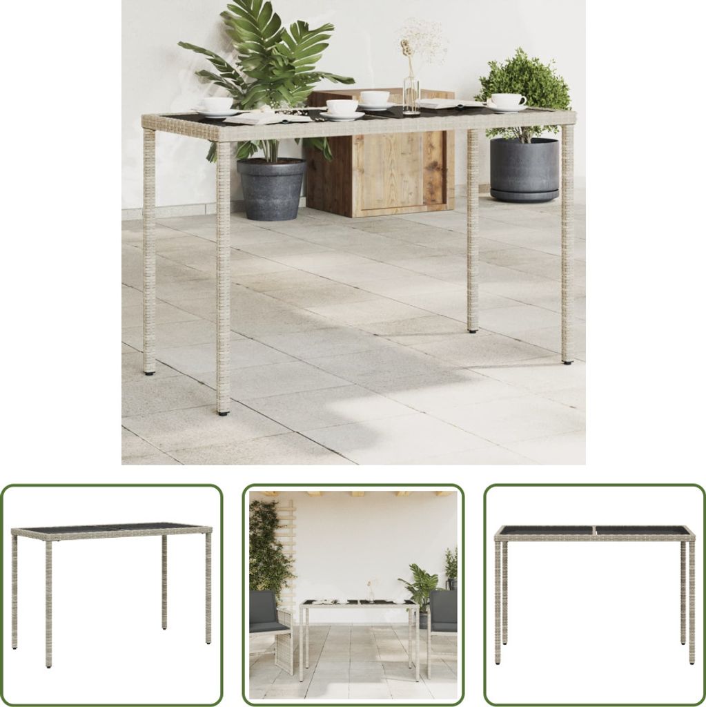 The Living Store Gartentisch mit Glasplatte Hellgrau 115x54x74 cm Poly Rattan