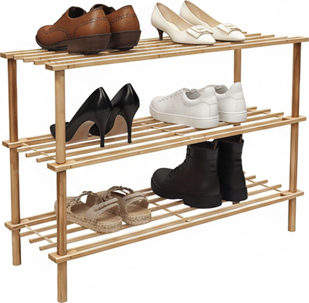 Relaxdays Schuhregal Bambus, 3 Ebenen, für 9 Paar Schuhe, HBT: 48 x 74 x 26 cm, Schuhständer mit Gitterablagen, natur