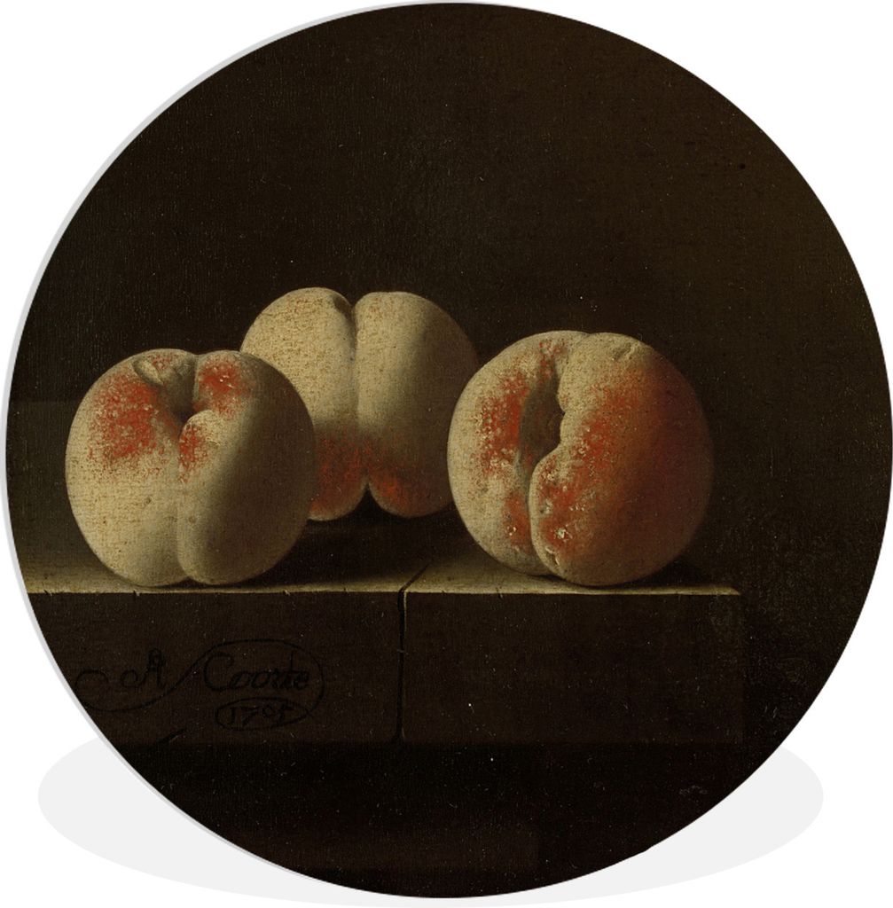MuchoWow Rundes Wandbild - Runde Bilder Drei Pfirsiche auf einem Steinsockel - Gemälde von Adriaen Coorte im quadratischen Ausschnitt. Ø 30 cm ...