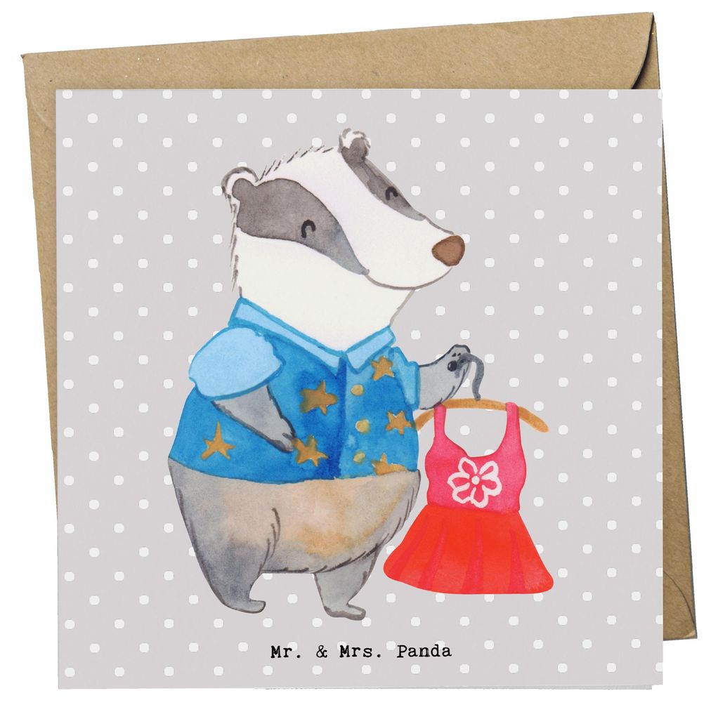 Mr. & Mrs. Panda Grußkarte Modeverkäufer Herz - Grau Pastell - Geschenk, Klappkarte, anlasskarte, faltkarte, doppelkarte, Verkäufer, Glückwunsc...