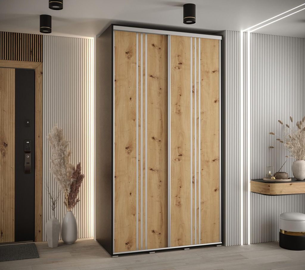 Kleiderschrank YVONA 6 – 140/60 cm, Schwarz/Eiche handwerklich/Silber