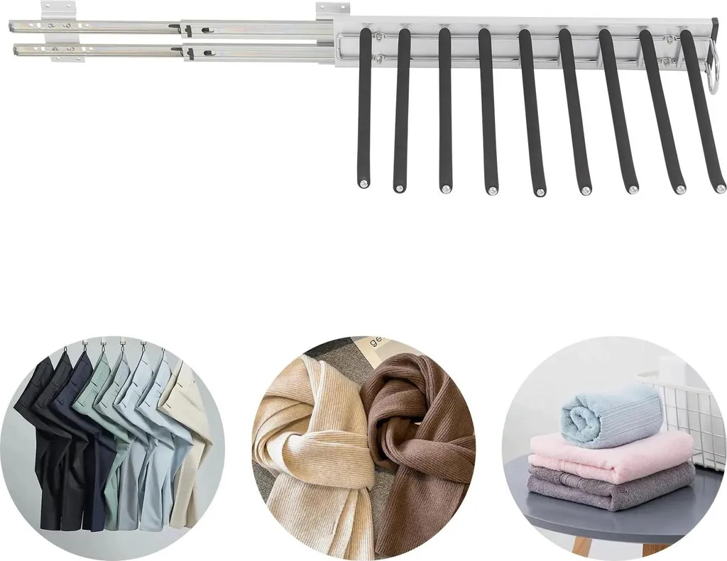 Étagère murale pour pantalons coulissante avec 9 tringles antidérapantes