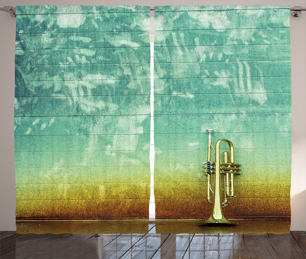 ABAKUHAUS Musik Rustikaler Gardine, Alte getragene Trompete Grungy, Schlafzimmer Kräuselband Vorhang mit Schlaufen und Haken, 280 x 225 cm, Grün ...
