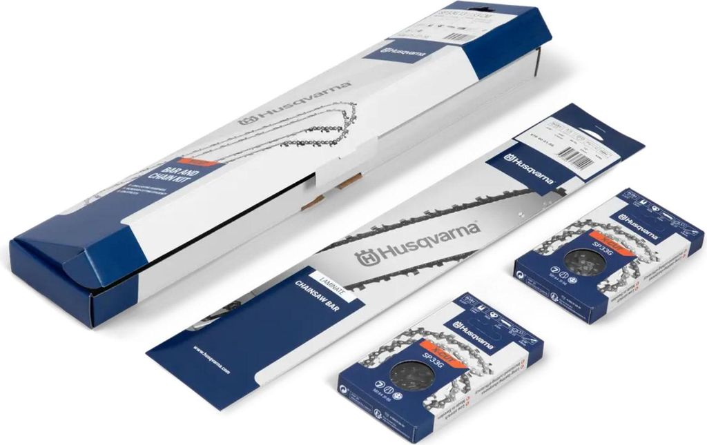 Several Husqvarna chainsaw chains and bars are displayed in their packaging on a white background.