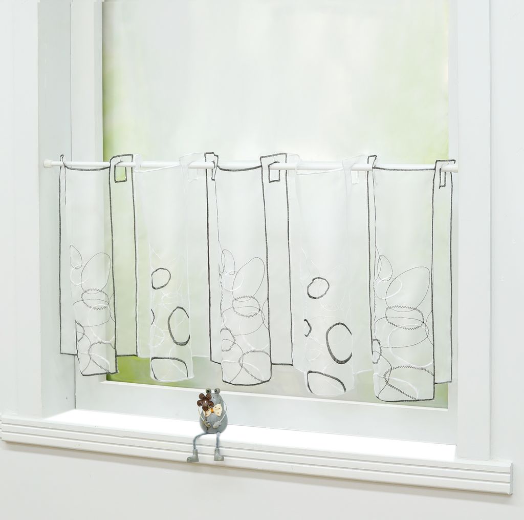 Joyswahl Scheibengardine Voile Bistrogardine mit Stickerei Küche Gardinen Kurz Vorhang Transparent Tunnelzug Grau HxB 45x96 cm