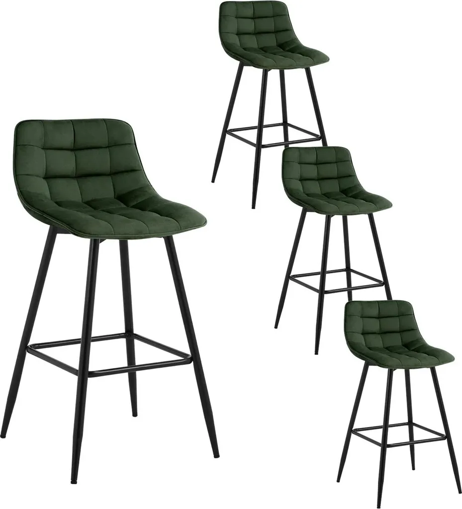 Tabouret de Bar 64 cm Velours et Métal Vert - Lot de 4 Charge 120 kg Max