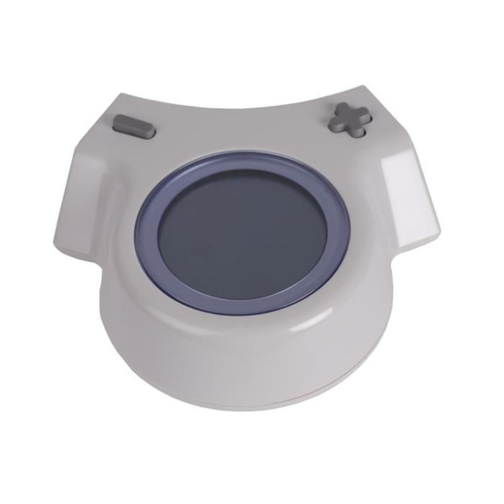 A white and gray digital device with a circular screen and buttons.